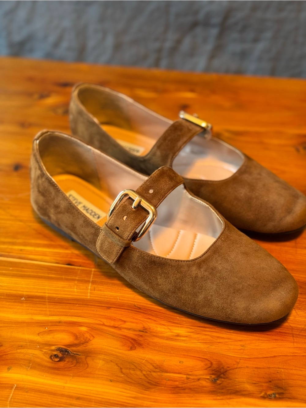 Steve Madden Zarah Brown Suede Mary Jane Flats with Gold Buckle - Picture 3 of 5